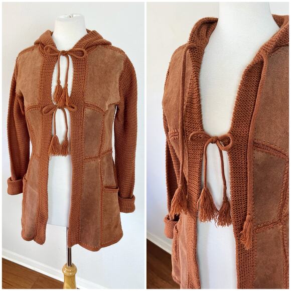 Vintage‎ 70s Brown Suede Patchwork Sweater Hoodie Sweater Jacket // Size Small - Picture 1 of 5